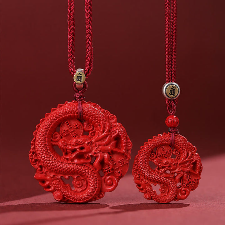 Collier pendentif porte-bonheur en argent sterling 925 avec pièce de cuivre cinabre naturel de l'année du dragon Buddha Stones