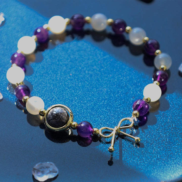 Bracelet de perles spirituelles en quartz rutile noir et améthyste œil de chat - image 6