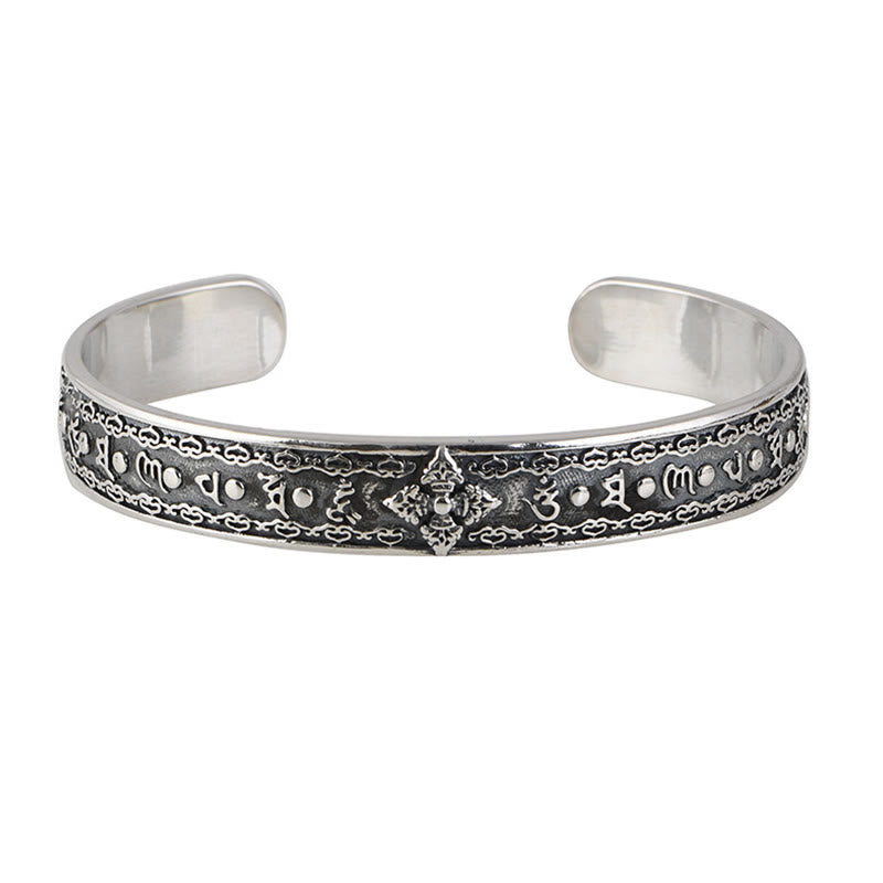 Bracelet manchette de sagesse gravé en argent sterling 925 Buddha Stones Om Mani Padme Hum Double Dorje
