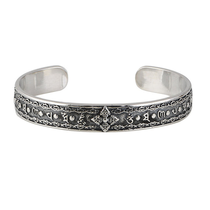 Bracelet manchette de sagesse gravé en argent sterling 925 Buddha Stones Om Mani Padme Hum Double Dorje