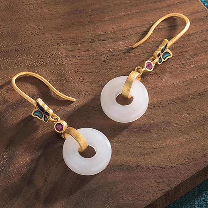 Boucles d'oreilles porte-bonheur papillon en jade blanc Feng Shui