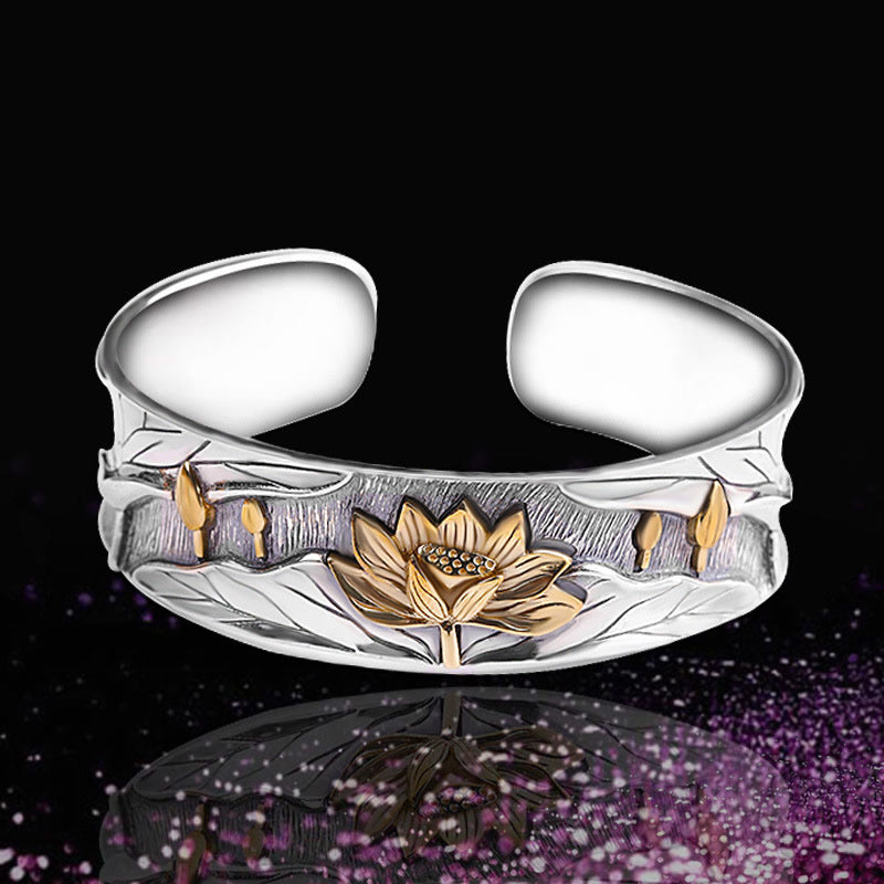 Bracelet réglable en argent sterling 925 Buddha Stones et fleur de lotus