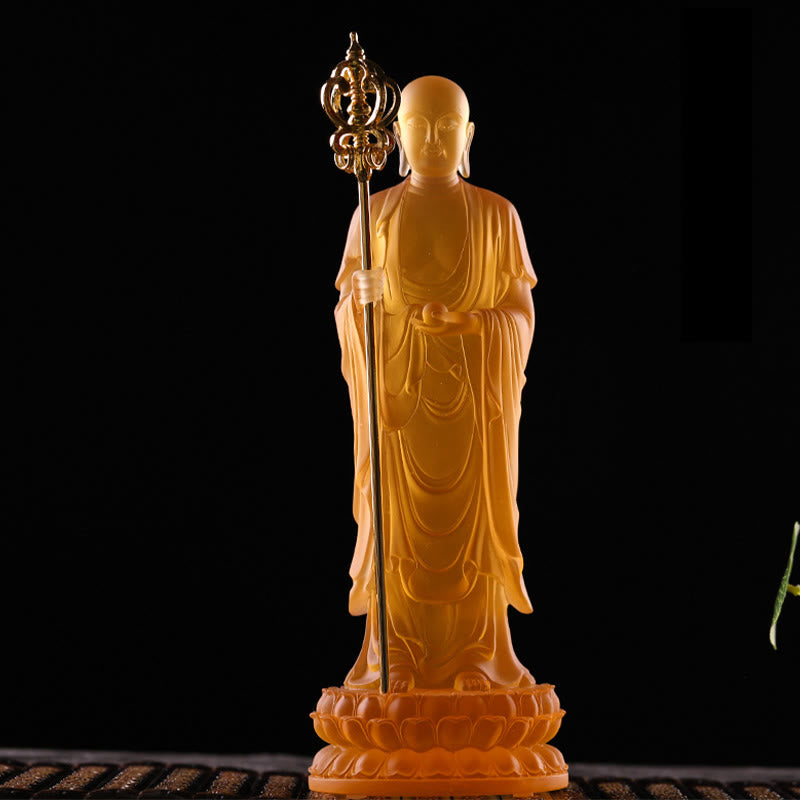 Buddha Stones faites à la main Ksitigarbha Bodhisattva Figurine Liuli Cristal Pièce d'art Statue de sérénité Décoration de la maison