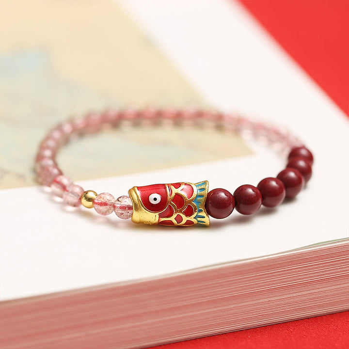 Bracelet de guérison porte-bonheur en quartz fraise et cinabre en Buddha Stones