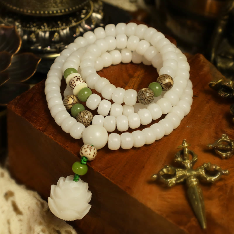 Buddha Stones Jade blanc Bodhi Lotus Mala Collier Harmonie Bracelet - image 1