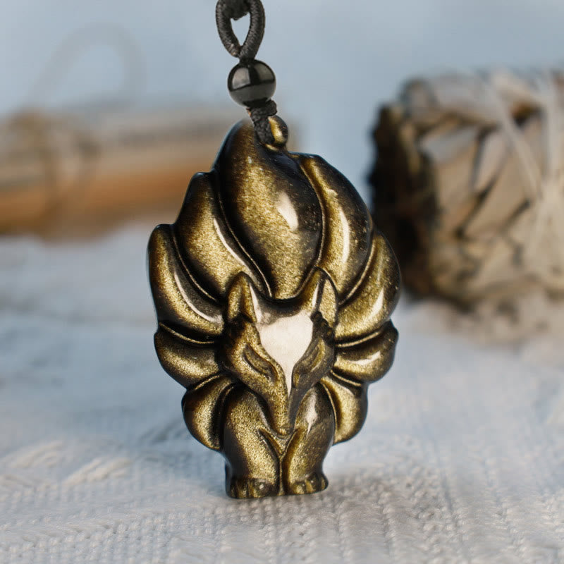 Collier de protection avec pendentif en Buddha Stones dorés - Renard à neuf queues en obsidienne aux reflets dorés - image 6