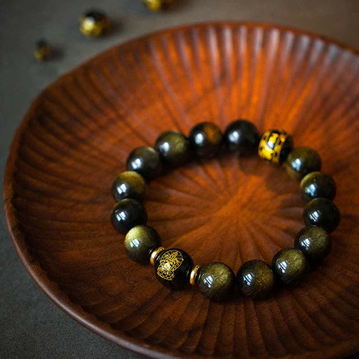 Bracelet de protection de richesse en obsidienne dorée avec Bouddha du zodiaque chinois