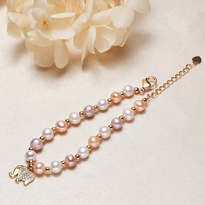 Bracelet de Sincérité Plaqué Or 18K avec Perles et Zircon Éléphant en Buddha Stones