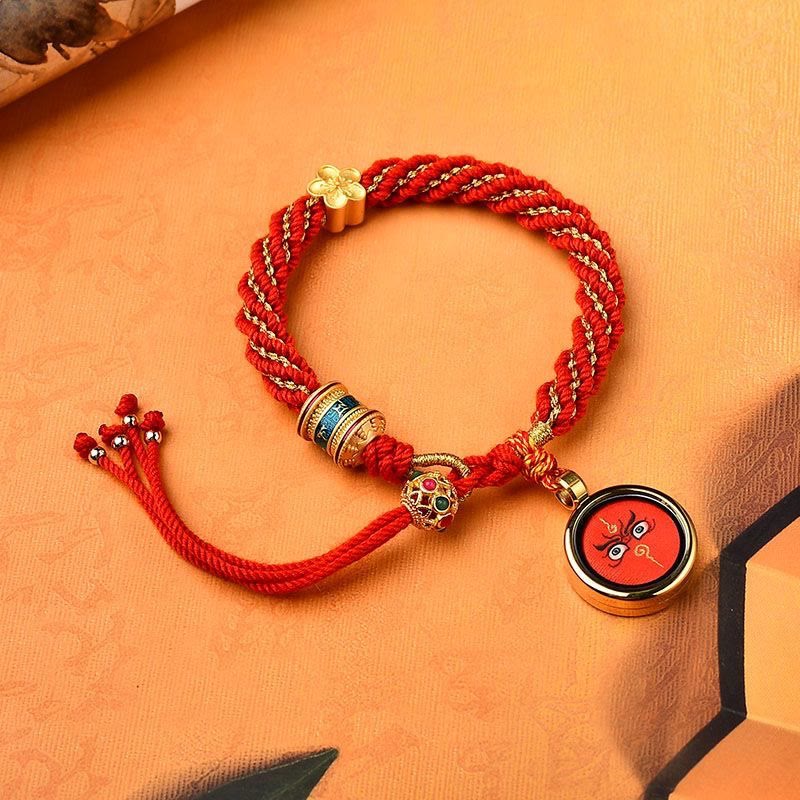 Bracelet en corde tissée avec breloque en forme de fleur et roue de prière en Buddha Stones faites à la main avec cinq dieux de la richesse et de la chance