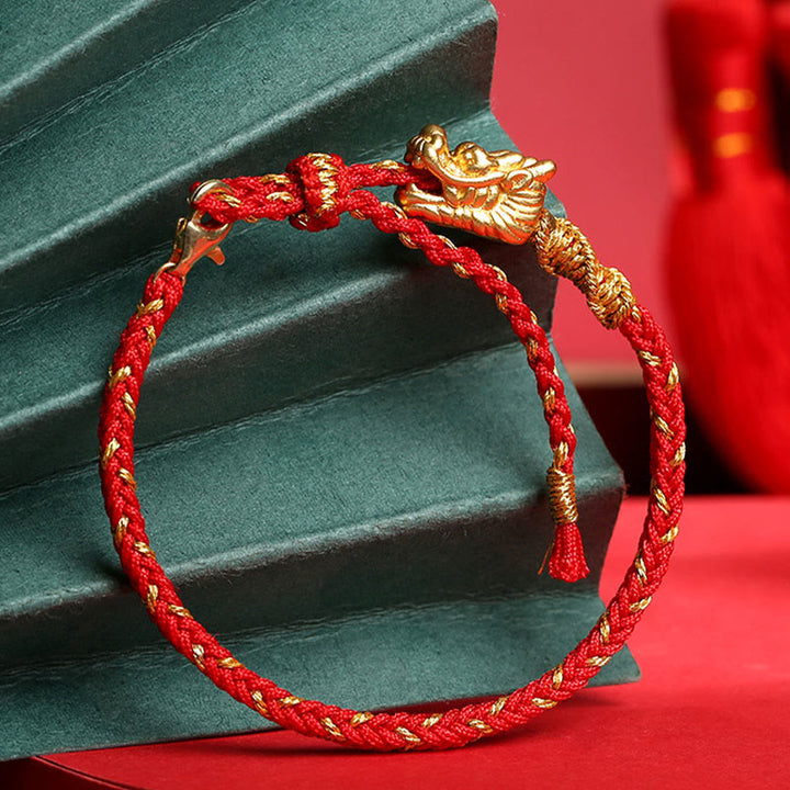 Bracelet tressé en fil rouge à huit fils en argent sterling 999 de Buddha Stones, fabriqué à la main, avec dragon porte-bonheur