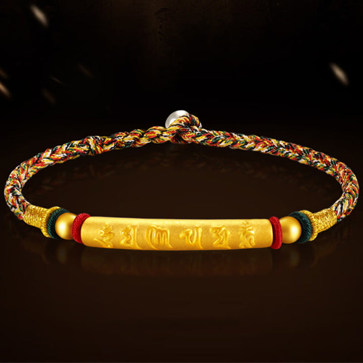 Bracelet tressé à huit fils en or 999 tibétain avec Buddha Stones Om Mani Padme Hum, fabriqué à la main, avec nœud de paix et porte-bonheur