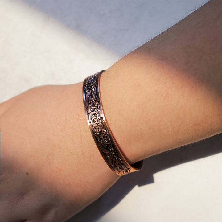 Bracelet manchette réglable magnétique en cuivre Buddha Stones et oiseaux vikings
