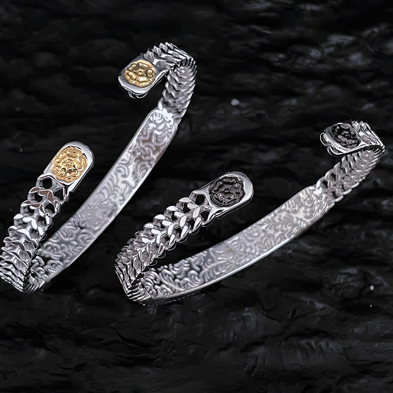 Bracelet manchette porte-bonheur en cuivre gravé avec motif floral de la dynastie Tang et anneau réglable