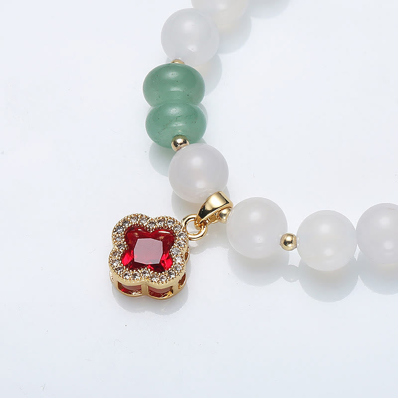 Buddha Stones Agate blanche naturelle Agate rouge Sac d'argent Caractère Fu Trèfle à quatre feuilles Bracelet de protection