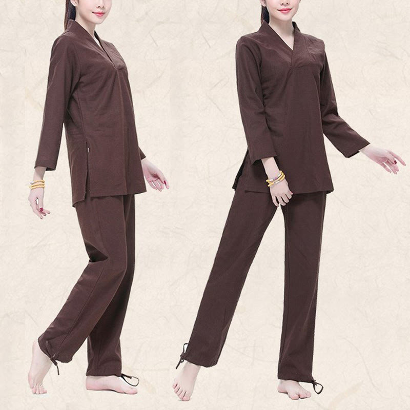 Ensemble de vêtements pour femmes en coton et lin avec Buddha Stones, pratique zen, yoga, méditation, prière, col en V