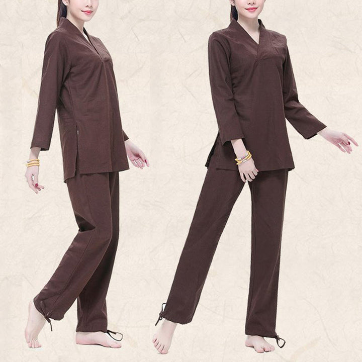 Ensemble de vêtements pour femmes en coton et lin avec Buddha Stones, pratique zen, yoga, méditation, prière, col en V