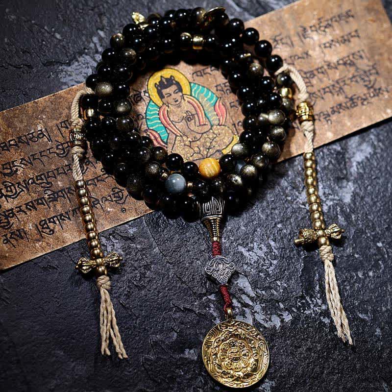 Bracelet de richesse en pierre d'oeil de tigre et d'aigle avec 108 Buddha Stones de Mala en obsidienne dorée brillante