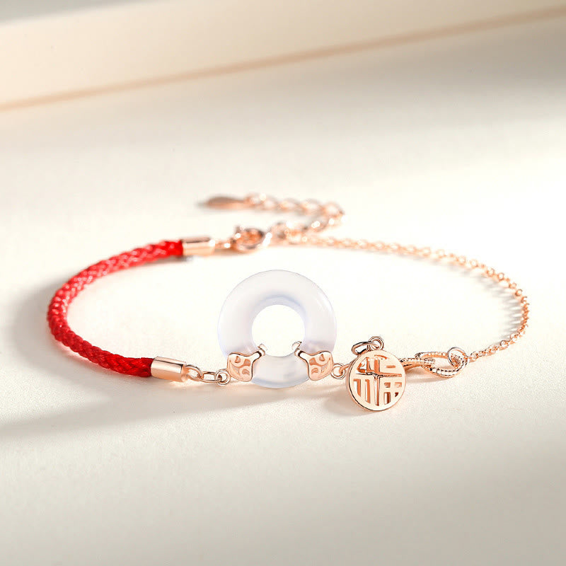 Bracelet d'harmonie en argent Buddha Stones 925 avec boucle de paix et calcédoine et caractère Fu