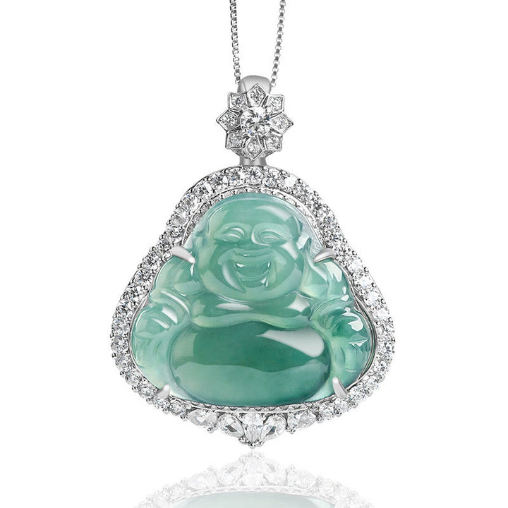 Collier Buddha Stones en jade naturel représentant un Bouddha rieur, symbole de chance et d'abondance, avec chaîne en acier titane. - Bouddha rieur (Bonheur ♥ Richesse) - image 0