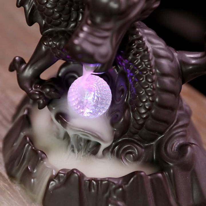 Fontaine à fumée à reflux en céramique avec Buddha Stones et dragon de bon augure, brûleur d'encens de guérison et de méditation, boule à LED décorative