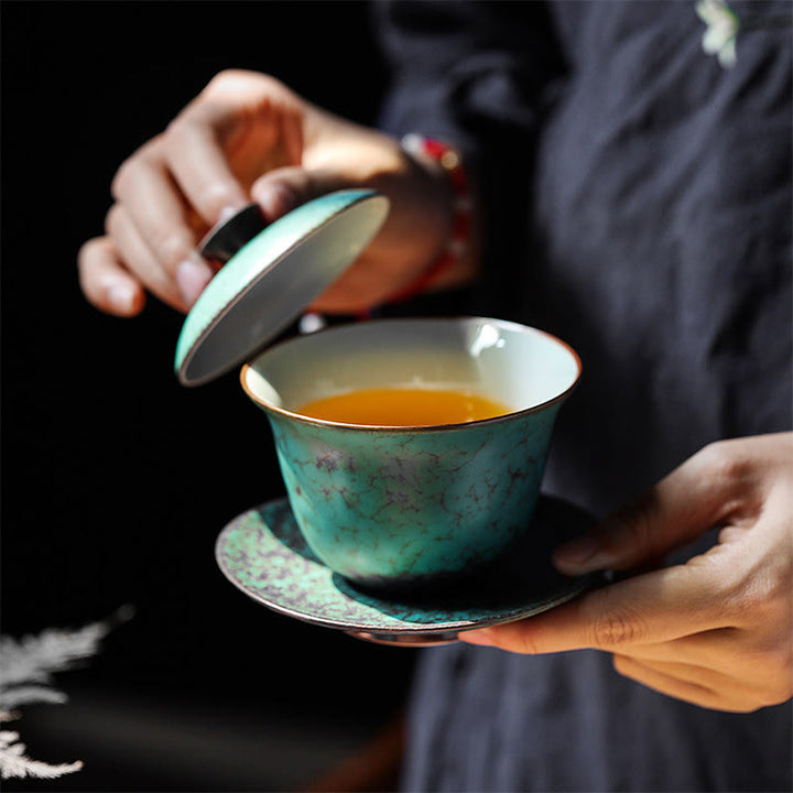 Tasse à thé et soucoupe en céramique émaillée verte rétro Buddha Stones Gaiwan Sancai Tasse à thé Kung Fu et soucoupe avec couvercle