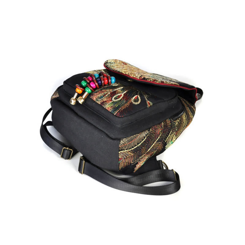 Sac à dos à pompons en toile avec broderies de paon et Buddha Stones
