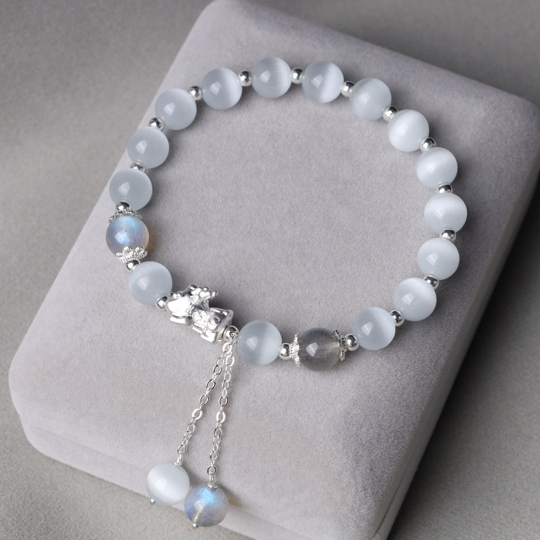 Bracelet de soutien PiXiu en pierre de lune œil de chat naturelle et quartz fraise de Buddha Stones