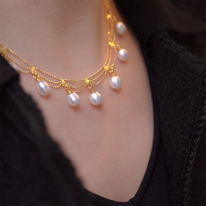 Collier pendentif multicouches de guérison en perles de perles plaquées or 14 carats vintage