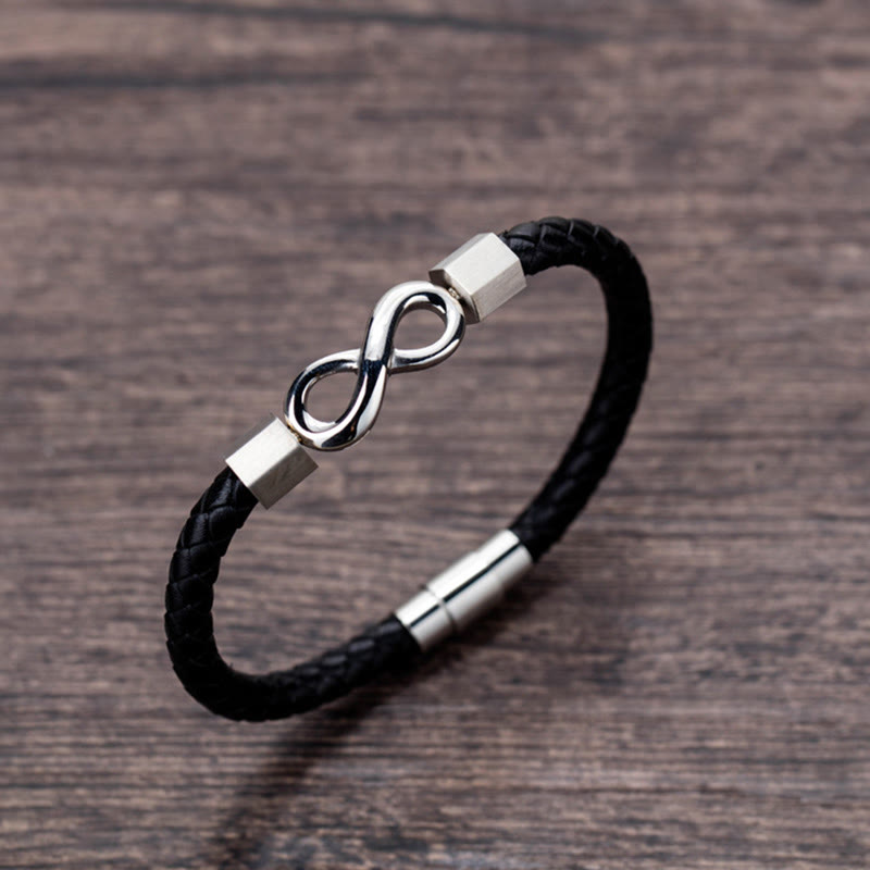 Bracelet d'équilibre en cuir tissé avec nœud sans fin en acier titane et Buddha Stones