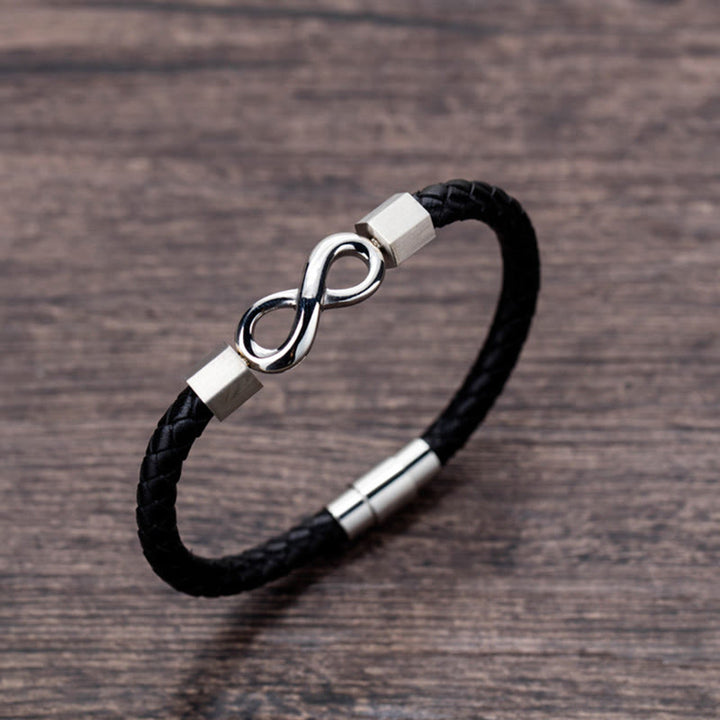 Bracelet d'équilibre en cuir tissé avec nœud sans fin en acier titane et Buddha Stones