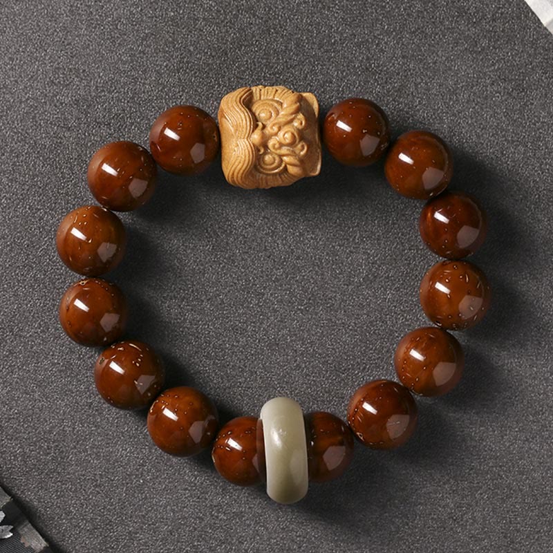 Bracelet de sagesse du lion dansant en Buddha Stones et graines de Bodhi violettes