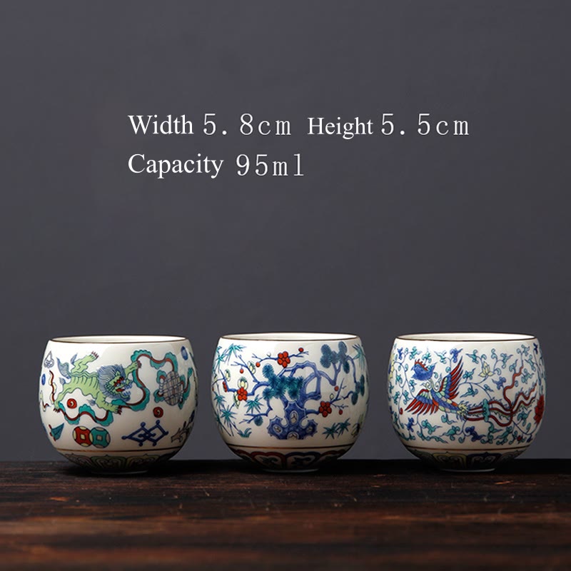 Buddha Stones Vintage Fleur de Prunier Pin Bambou Phénix Kirin Lion Dansant Tasse à Thé en Céramique Tasses à Thé