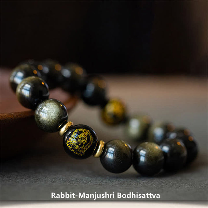 Bracelet de protection de richesse en obsidienne dorée avec Bouddha du zodiaque chinois