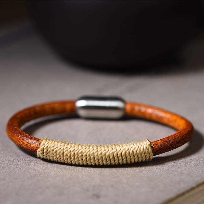 Bracelet en cuir tibétain fait main avec Buddha Stones et boucle porte-bonheur en forme de cinq éléments - Beige (métal) - 19 cm - image 8