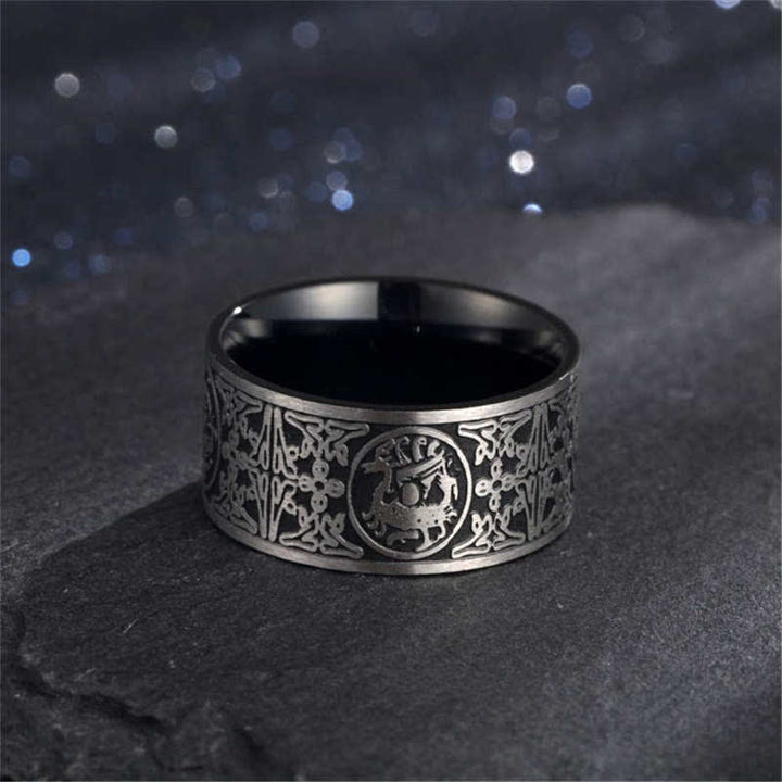 Bague porte-bonheur sculptée en basalte de Suzaku avec quatre Buddha Stones, dragon, bête gardienne, tigre blanc