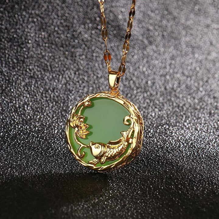 Collier pendentif porte-bonheur en jade naturel avec Buddha Stones et poisson Koi et lotus - Jade cyan - image 1