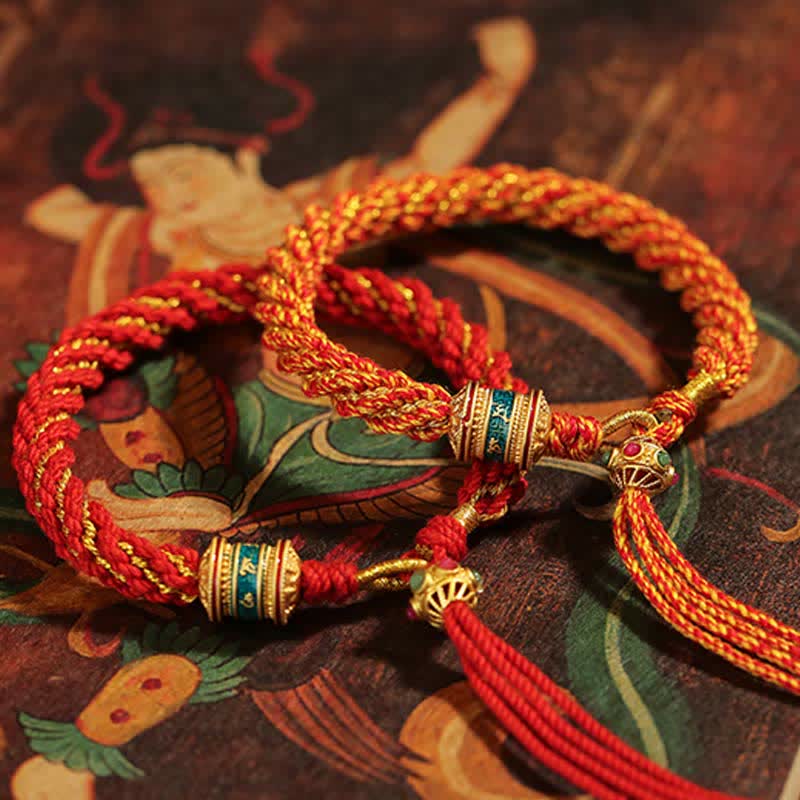 Bracelet tibétain en corde tressée avec breloque porte-bonheur Thangka en Buddha Stones
