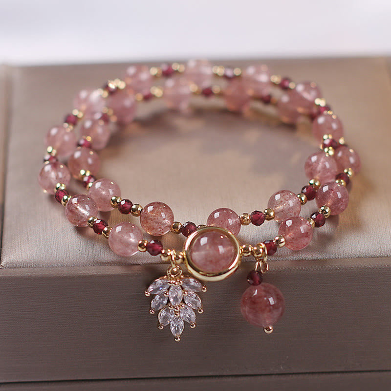 Bracelet double tour avec breloque en feuille d'érable et quartz fraise naturel Buddha Stones