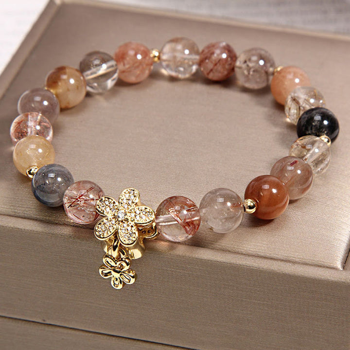 Bracelet fleur de protection de richesse en quartz rutile multicolore et citrine