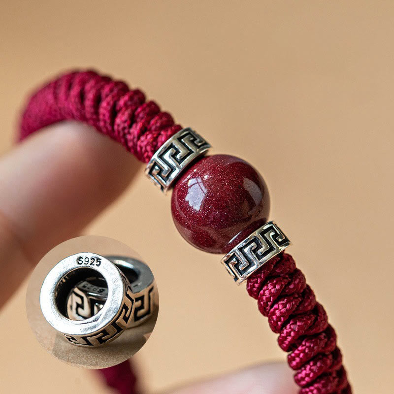 Bracelet en argent sterling 925 avec perles de cinabre naturelles et Buddha Stones, fait à la main, tressé et calme