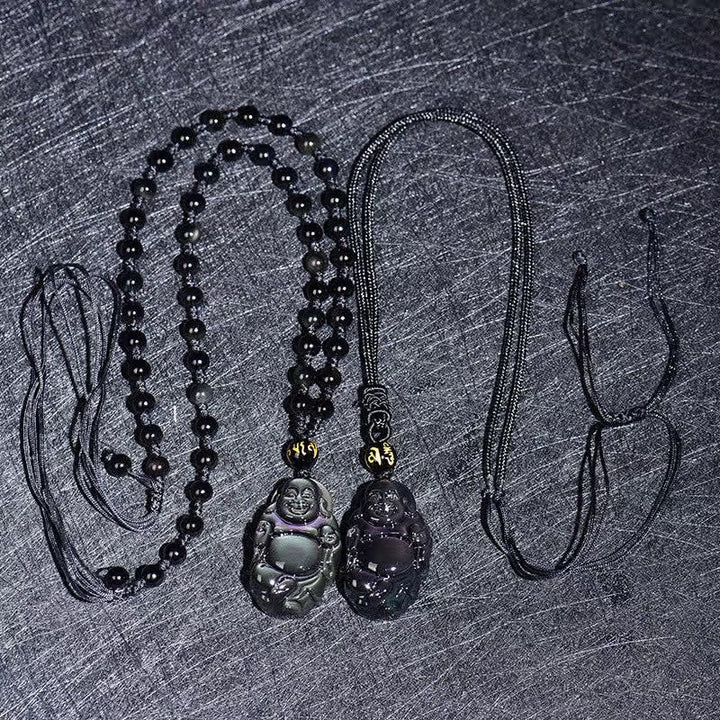 Collier pendentif Bouddha rieur en obsidienne arc-en-ciel naturelle pour la paix intérieure - image 6