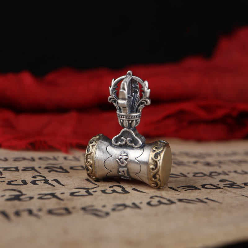 Buddha Stones Tibet Argent Sterling 925 Om Mani Padme Hum Dorje Cloche Vajra Gravé Pendentif d'Illumination Décoration Suspendue - Pendentif tambour Dorje uniquement (19*26,5 mm) - image 9