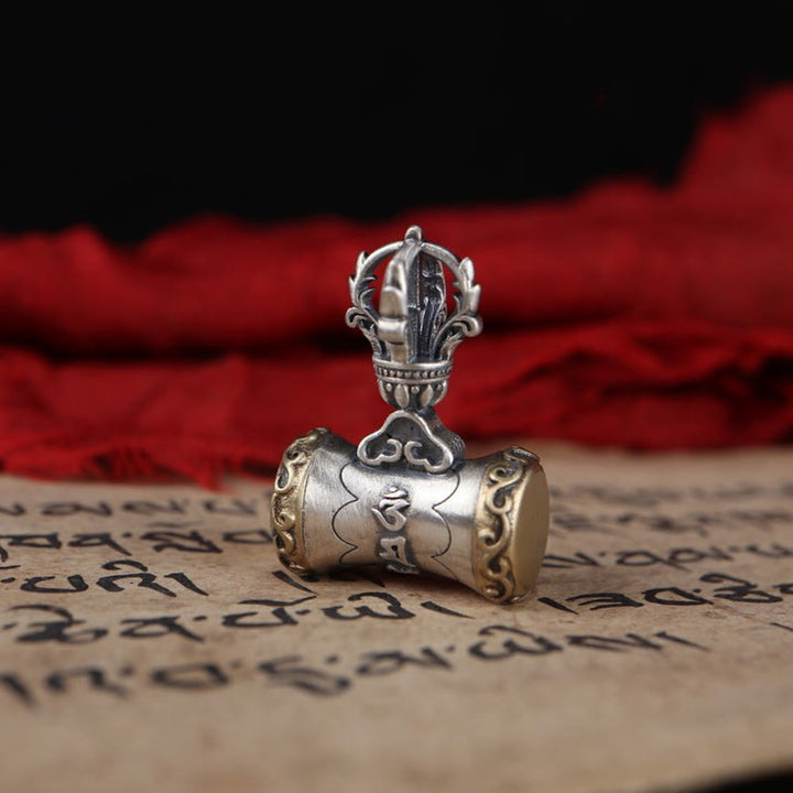 Buddha Stones Tibet Argent Sterling 925 Om Mani Padme Hum Dorje Cloche Vajra Gravé Pendentif d'Illumination Décoration Suspendue - Pendentif tambour Dorje uniquement (19*26,5 mm) - image 9
