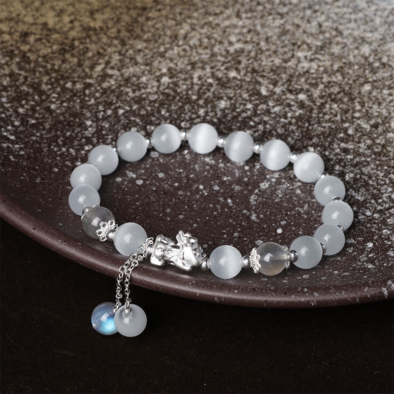 Bracelet de soutien PiXiu en pierre de lune œil de chat naturelle et quartz fraise de Buddha Stones