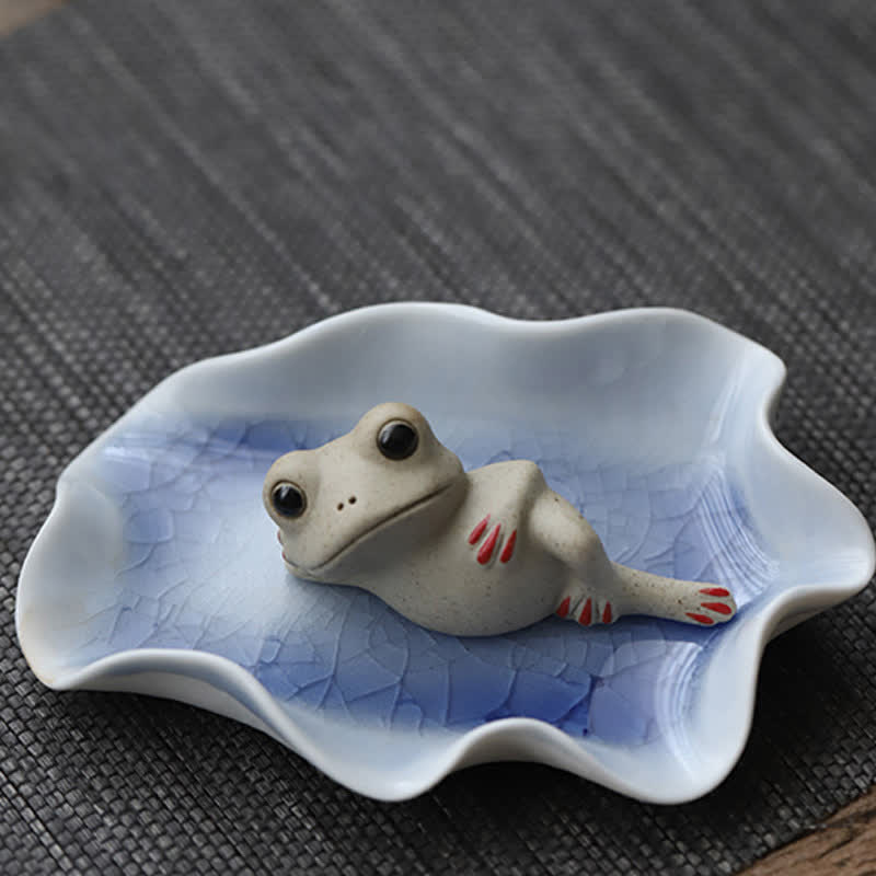 Statue de petite grenouille en céramique en méditation - Grenouille endormie (plateau lotus non inclus) - image 4