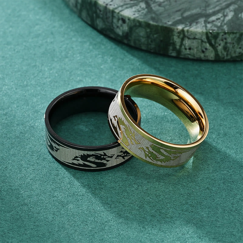 Buddha Stones Dragon Sculpté Protection Force Bague acier titane