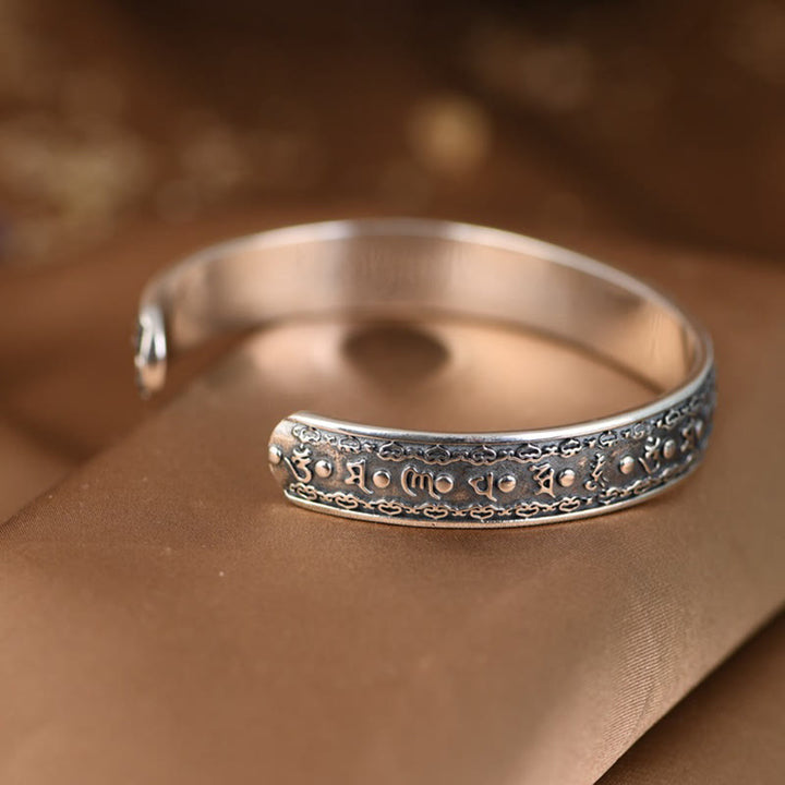Bracelet manchette de sagesse gravé en argent sterling 925 Buddha Stones Om Mani Padme Hum Double Dorje