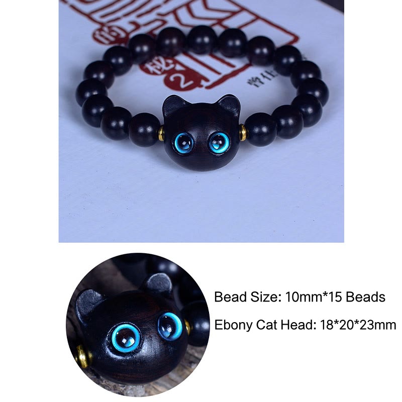 Bracelet Buddha Stones Bois d'ébène Verre Liuli Joli Chat Paix Équilibre - image 12