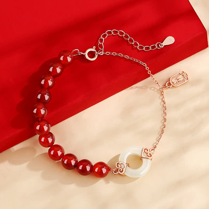 Bracelet de confiance en argent sterling 925 avec agate rouge naturelle et jade blanc avec boucle de paix et Buddha Stones