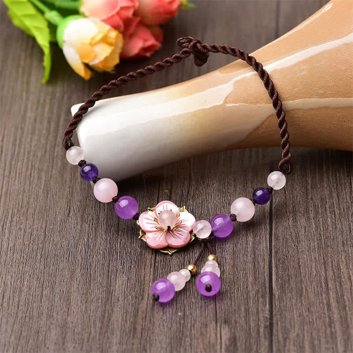Buddha Stones Bracelet de cheville Améthyste Rose Quartz Crystal Charm Lucky Healing